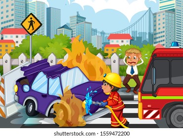 Accident scene with fireman and car on fire illustration