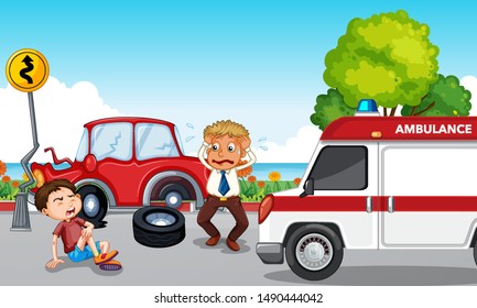 Accident scene with injured boy and ambulance illustration