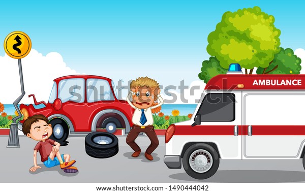 Accident scene with injured boy and\
ambulance\
illustration