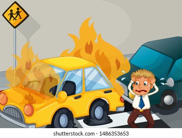 Accident scene with two cars on fire illustration