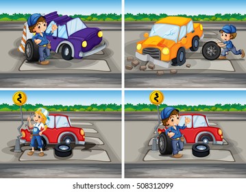 Accident scenes with broken car and mechanics illustration