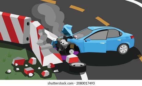 Accident of sedan car blue color crashes into a broken barrier bar. on the side of the asphalt road. The bonnet was opened and a cloud of smoke came out from engine. At curvy path of road with line.