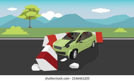 Accident of sedan car green color crashes into a broken barrier bar. on the side of the asphalt road. Crash into a place blocking the passage.