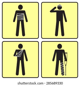 accident set body, head, arm and leg dressing, plaster cast, hospital warning, vector illustration design