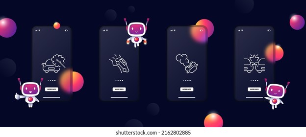 Accident set icon. Car crash, failure, emergency, breakdown, wreck, Cliff, descent, fallen tree, smoke, fire, collision. Traffic rules concept. Glassmorphism. UI phone app screen with robots