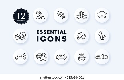 Accident set icon. Descent, accident, serpentine, fire, collision, etc. Traffic rules concept. Neomorphism style. Vector line icon for Business and Advertising