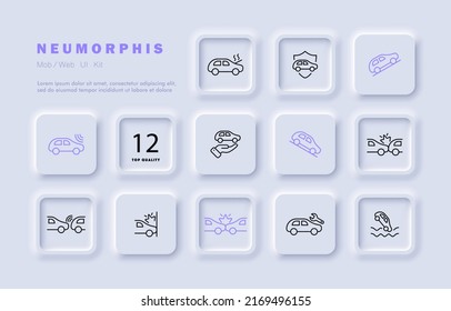 Accident set icon. Service station, crash, failure, fire, emergency, breakdown, break, traffic rule, collision. Road signs concept. Neomorphism style. Vector line icon for Business and Advertising