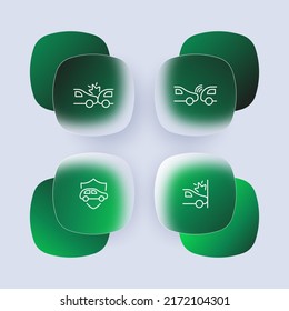 Accident set icon. Service station, crash, insurance, fire, emergency, tining, belay, break, parking sensors, collision. Road signs concept. Glassmorphism style. Vector line icon for Business