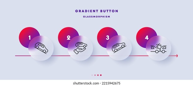 Accident set icon. Service station, crash, failure, fire, emergency, tining, breakdown, break, traffic rule, collision. Road signs concept. Glassmorphism style. Vector line icon for Business