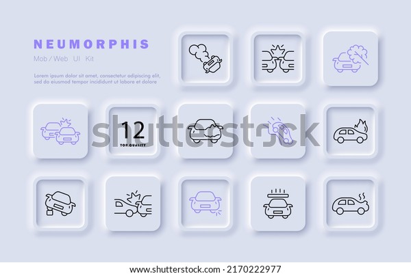 Accident set icon. Service station, crash,\
failure, fire department, emergency, tining, breakdown, break,\
traffic rule, collision. Road signs concept.Neomorphism style.\
Vector line icon for\
Business