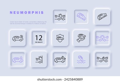 Accident set line icon. Fire, collision, smoke, slip, slippery road, injuries. Neomorphism style. Vector line icon for business and advertising
