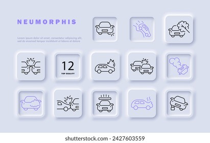 Accident set line icon. Fire, collision, smoke, slip, slippery road, injuries. Neomorphism style. Vector line icon for business and advertising