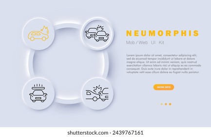 Icono de línea de definición de accidente. Accidente de tráfico, colisión, vehículos dañados, servicios de emergencia, seguridad vial. Estilo neomorfista. Icono de línea vectorial para negocios y publicidad