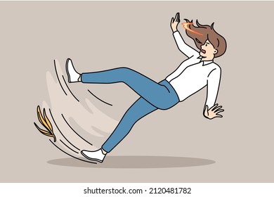 Accident and slippery floor concept. Frustrated stressed woman falling down with banana shelf at her foot suddenly falling vector illustration 