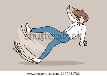 Accident and slippery floor concept. Frustrated stressed woman falling down with banana shelf at her foot suddenly falling vector illustration 