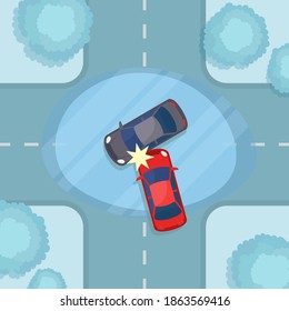 Accident at an slippery and icy roads intersection in winter. Icy crossroad, junction. The car skidded and it crashed into an oncoming car. Vector illustration, flat design, top view.