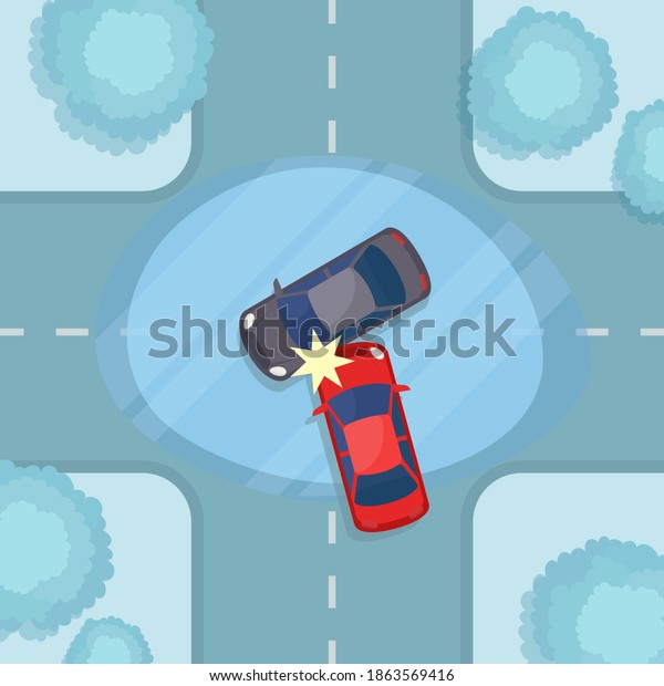 Accident at\
an slippery and icy roads intersection in winter. Icy crossroad,\
junction. The car skidded and it crashed into an oncoming car.\
Vector illustration, flat design, top\
view.