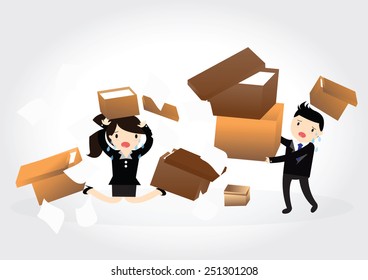 Accident with some businessman and business woman carrying a pile of cardboard boxes