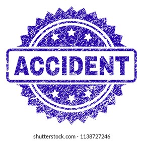 ACCIDENT stamp watermark with scratched style. Blue vector rubber seal print of ACCIDENT title with scratched texture.