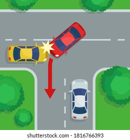 Accident at the T junction, top view. The car did not miss the oncoming car at the intersection. Crashed vehicles. Vector illustration, flat design, cartoon style.