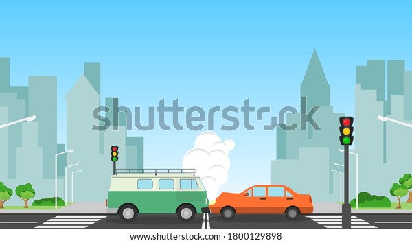 Accident, traffic accident. Accident of two cars\
against the background of the cityscape. Vector, cartoon\
illustration.\
Vector.