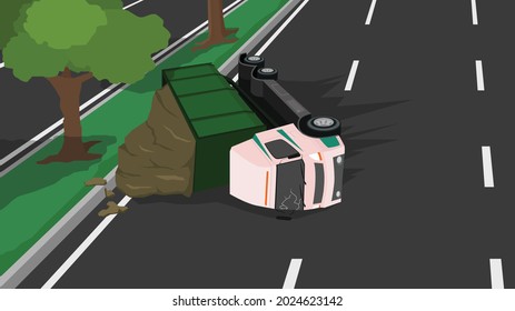 Accident of truck carrying chemical waste overturns in the middle of a highway made of asphalt with lens. Island in the middle of the road was planted with green grass and tall trees.