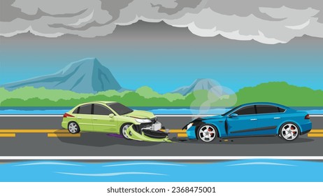 Accident of two car on asphalt road. Both front bumpers were severely damaged. There was an oil spill and smoke billowing. Slippery road conditions from rain and flooding two side of road.