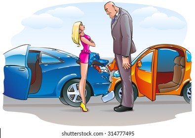 Accident Two Cars And A Big Blue Little Orange On The Road In The City Drivers Blonde Woman And A Large Bald Man In A Small Car Find Out The Relationship Talking About Insurance, Vector