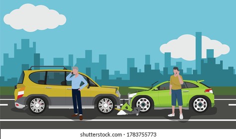 Accident with two cars clashing until the front is damaged. Driver on both sides uses mobile phone call to insurance claim form.  With shodow of town under blue sky and white clouds.