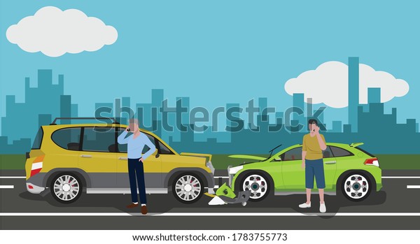 Accident with\
two cars clashing until the front is damaged. Driver on both sides\
uses mobile phone call to insurance claim form.  With shodow of\
town under blue sky and white\
clouds.