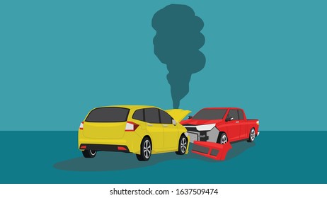 Accident with two cars crashing into the front bumper And there was smoke coming out with various debris. Cars vector illustration.