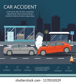 Accident with two cars on the road. Transporation Infographic. Night city.Banner Flat Vector Illustration