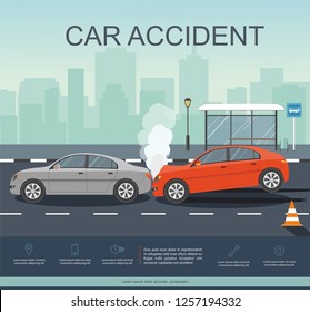 Accident with two cars on the road. Transporation Infographic. Banner Flat Vector Illustration