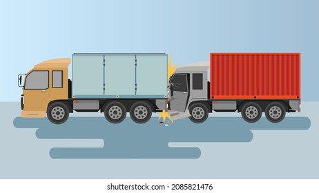 Accident in two container trucks collided, causing severe damage to the rear car. with effect yellow color.