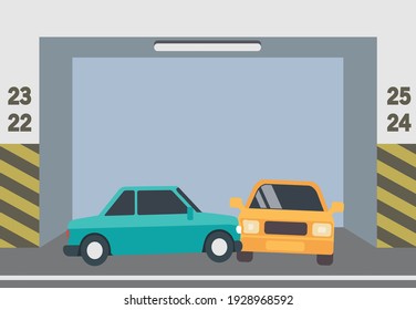 Accident in the underground parking lot. Collision of cars in the underground parking lot. Inattention of drivers. Automated underground parking. Flat vector illustration