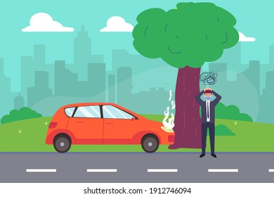 Accident vector concept: Young man feeling confused with his damage car crushing on the tree