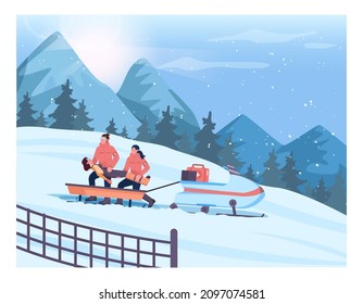 An accident victim transportation. Ski resort rescuer team. Finding people operation. Lifesaver wearing ski evacuating a person in a rescue sled and snowmobile. Flat vector illustration