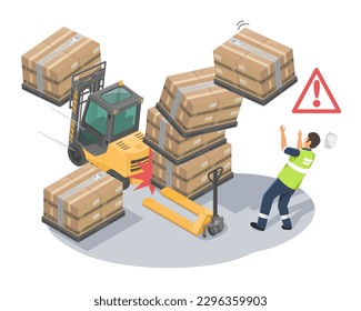 Accident in warehouse careless forklift crash pallet goods employee risk working need insurance isometric isolated vector