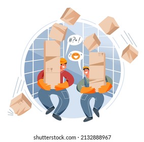 Accident In Warehouse With People Vector Illustration. Cartoon Careless Men Talking, Storage Workers In Overall And Helmet Carrying High Stack Of Parcels, Cardboard Boxes Falling Down And Breaking