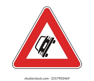 Accident Warning Road Sign Featuring a Triangular Shape with a Red Border and a Black Car Skidding Symbol, Indicating Potential Obstacles or Situations Making Passage Difficult, Available as a Vector 