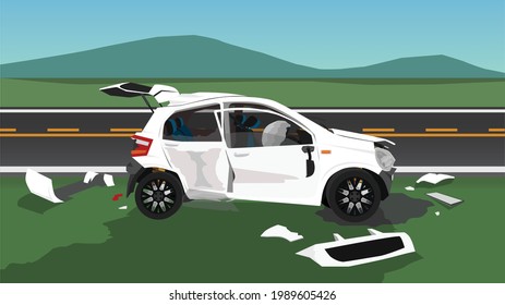 Accident of white hatchback car is damaged on all sides. Parked on the roadside. Fragments scattered all over the floor. Engine oil leaks onto the floor. wide open meadows and mountains background