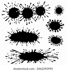 Accidental blot, ink blot. A set of blots of different sizes. Ink blot, irregularly shaped speck. Basic, simple rounded, smooth shape