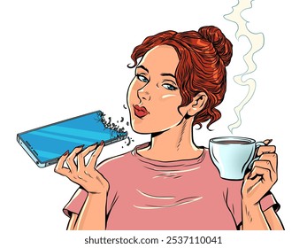 Accidentally breaking your phone. Ordering food using an online delivery app. Everyday routine with technology. Pop Art Retro Vector Illustration Kitsch Vintage 50s 60s Style. On a white background