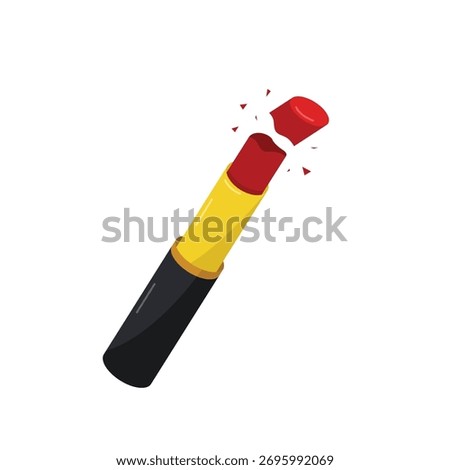 Accidentally Broken Red Lipstick with the Tip Separated and Flying Off Against a White Background Depicting Beauty Mishaps Product Damage