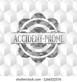 Accident-prone realistic grey emblem with geometric cube white background