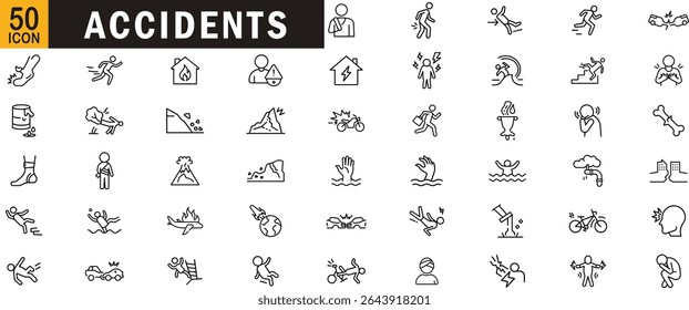 Accidents editable outline icon set. Injury danger slip fall crash disaster emergency fracture hazard and more.