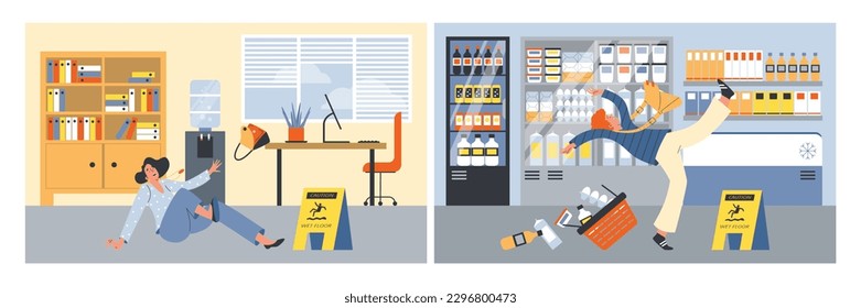 Accidents and fall on wet floor banners set, flat cartoon vector illustration. Collection of banners with people falling on wet floor in office and supermarket.