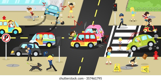 Accidents, injuries, danger and safety caution on traffic road vehicles cause by cars bicycle and careless people on urban street with sign and symbol in cute funny cartoon concept for kids (vector)