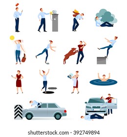 Accidents injuries dangers decorative icons set with fallings poisoning bites of animals road crashes isolated vector illustration