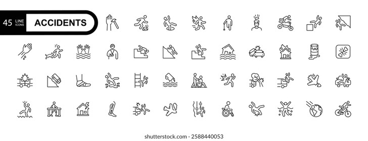 Accidents line editable stroke icon set. Falls, blows, car accidents, work injury, etc. Vector illustration.